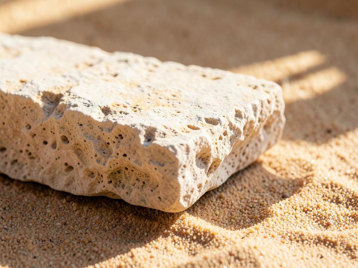 Close study of a raw limestone block in grazing daylight