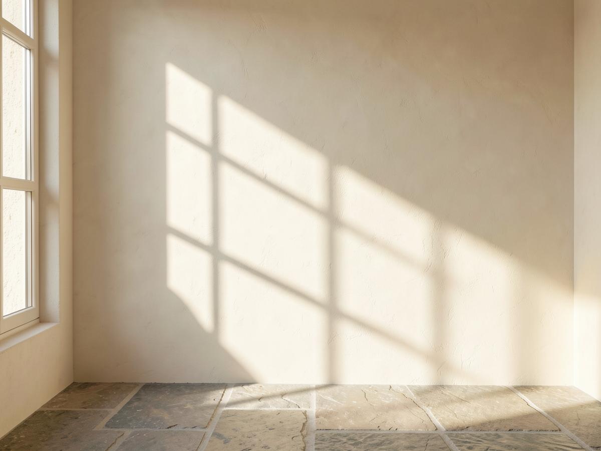 Window shadow cast across a plaster wall and stone floor