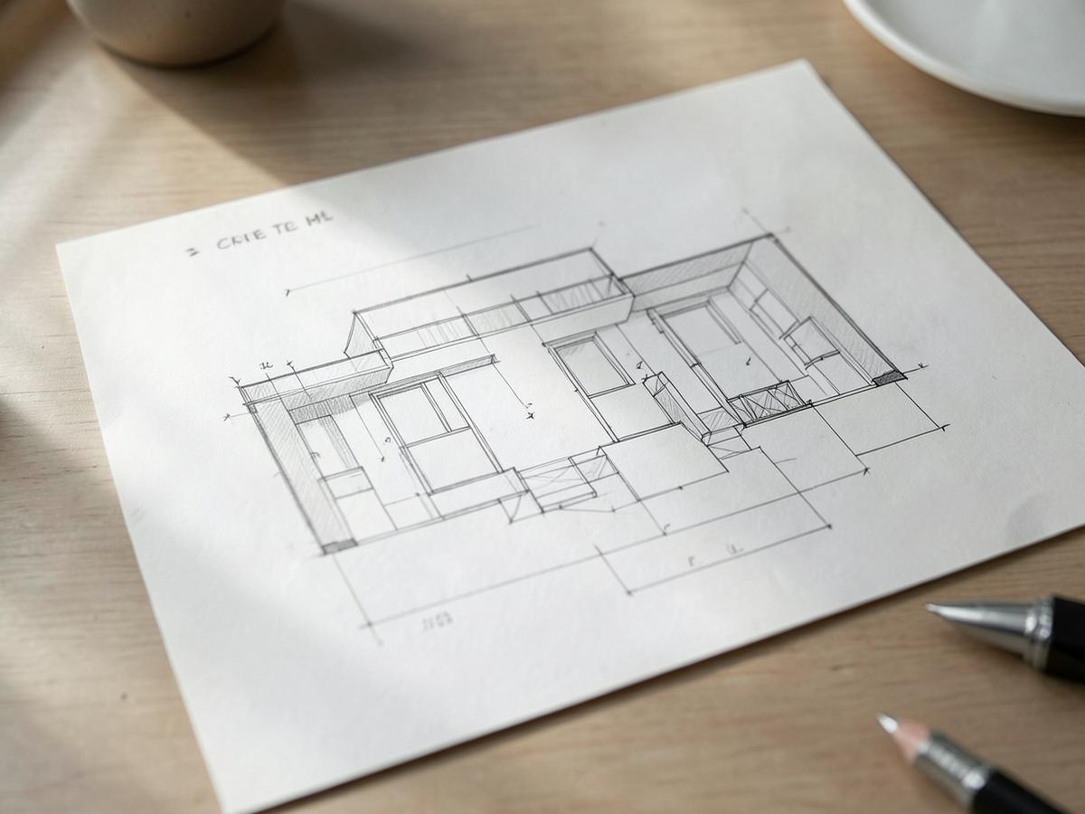 Hand-drawn architectural plan on paper beside a pencil