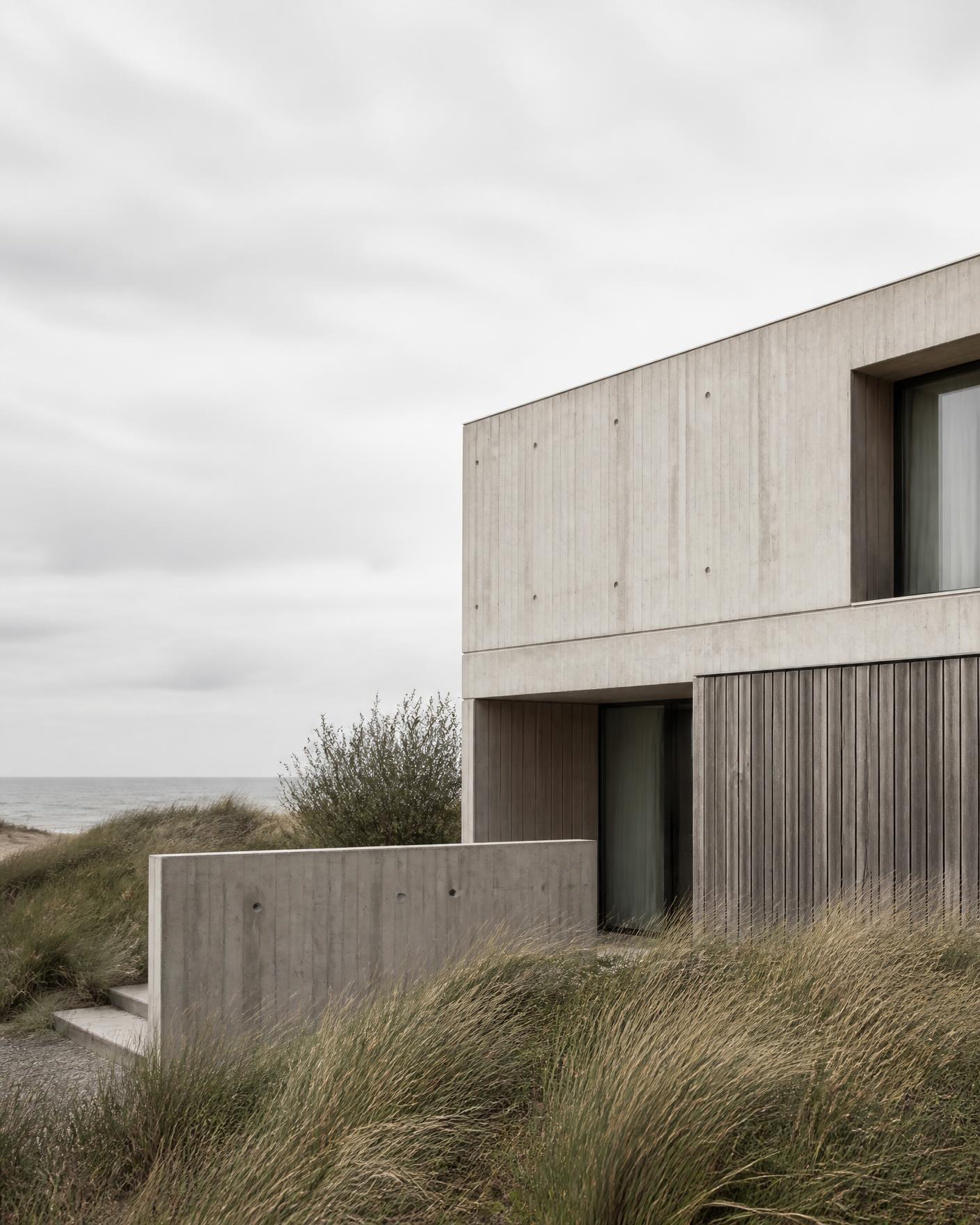 Concrete and timber house set into coastal dunes under Nordic light