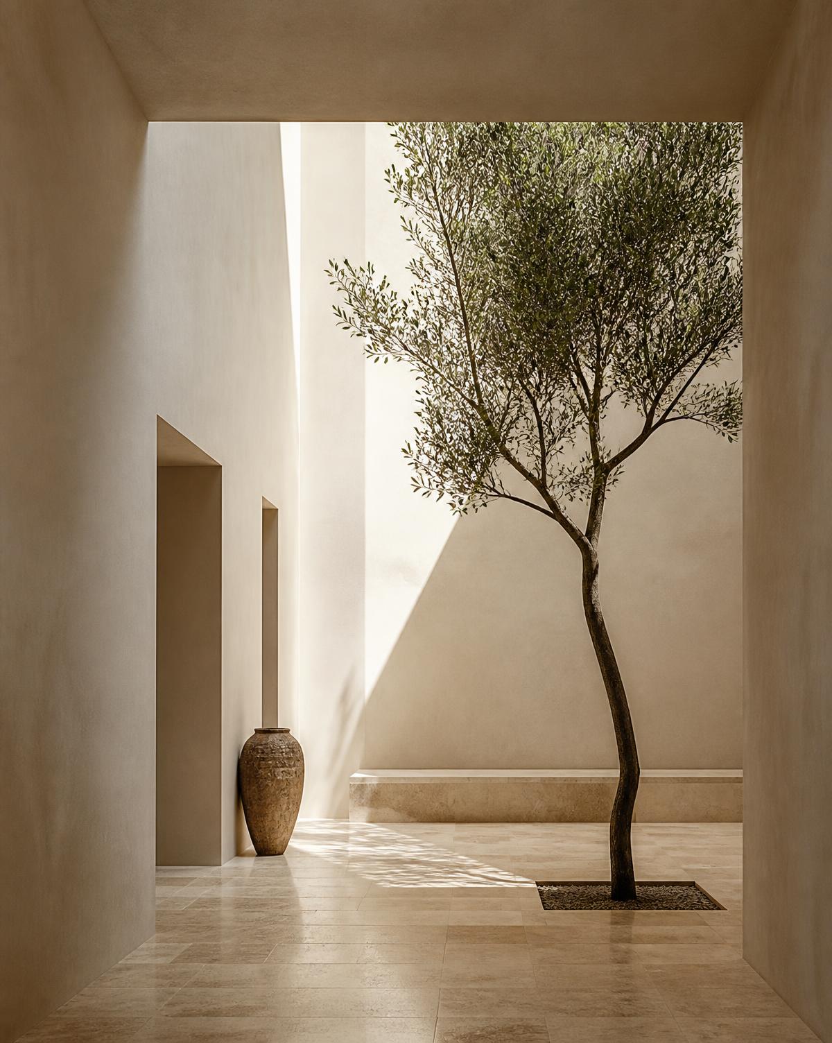 Plaster courtyard interior with a single olive tree and a shaft of daylight