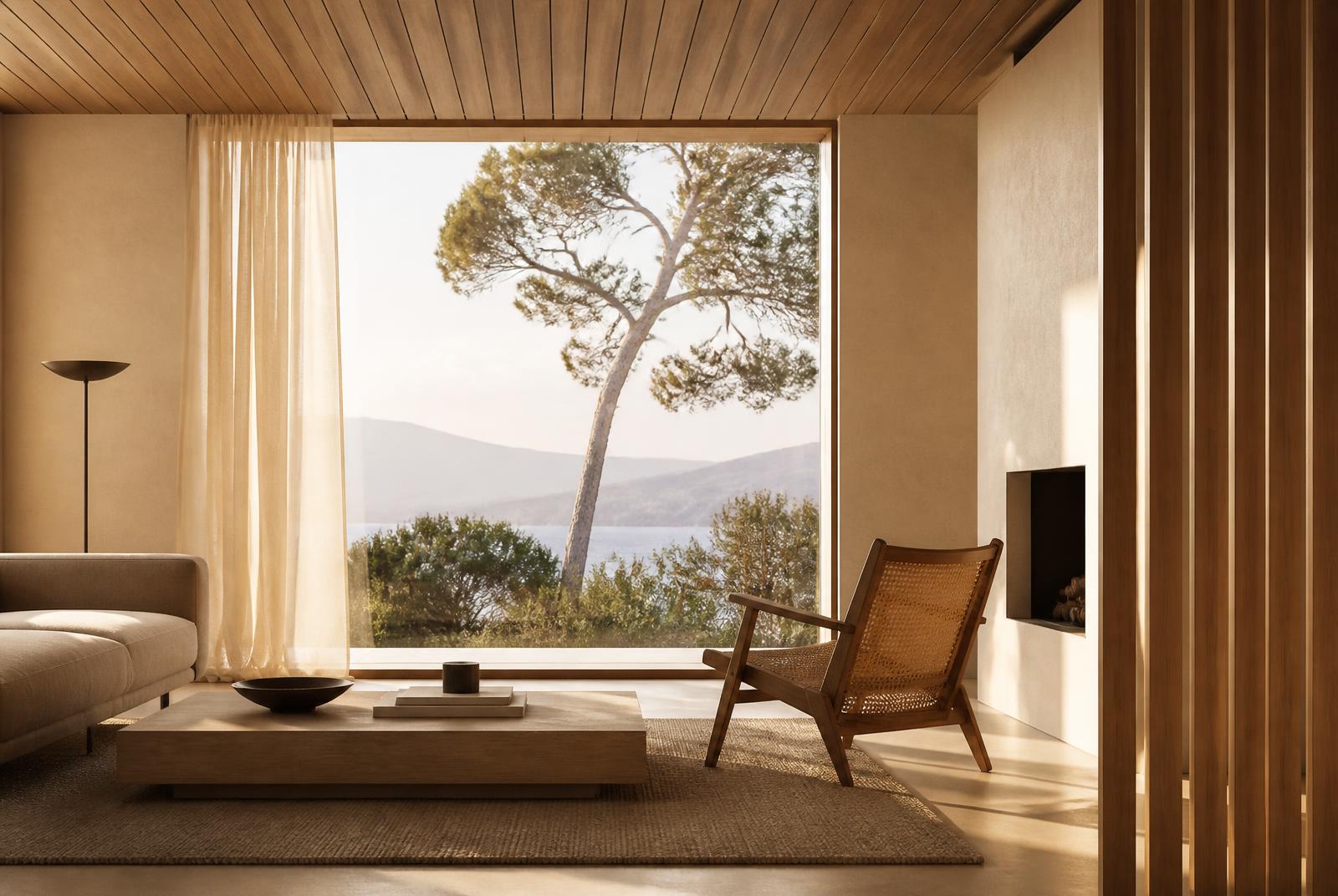 Warm Scandinavian living room with oak ceiling and a large window