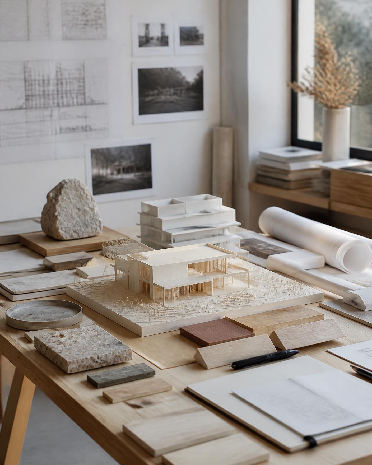 Studio table with white architectural models, stone and timber material samples